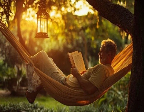 Man reading in hammock at sunset